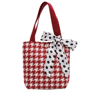 Japanese style red houndstooth canvas handbag with polka dot silk ribbon bow for women