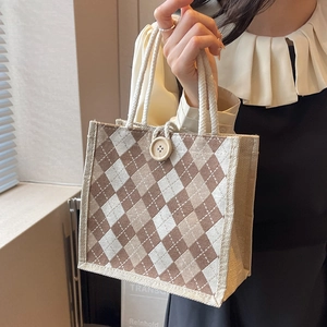 Minimalist argyle canvas tote bag with cotton rope handles and vintage wooden button