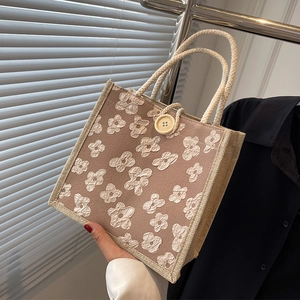 Sac Cabas en Toile à Fleurs 3D pour Femmes Mini Sac à Main Doux en Tissu Jacquard Sac à Déjeuner Décontracté avec Poignée en Corde