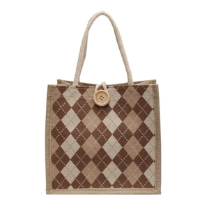 Japanese style jute canvas lunch bag with argyle pattern and cotton rope handles