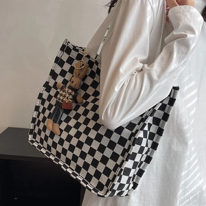 Checkered Canvas Tote Bag Large Capacity Minimalist Shoulder Bag For Women Students Daily Commute Versatile Handbag