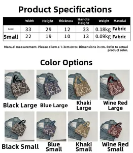 Size guide for large and small canvas tote bags with ethnic patterns and dimensions