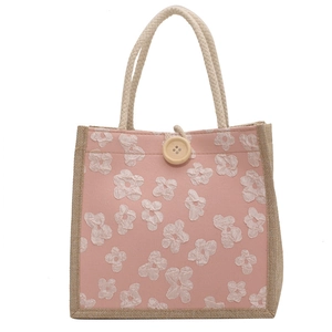 Sac fourre-tout en lin avec motif floral rose et anses en jute pour un usage quotidien