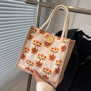 Cute Cartoon Tiger Print Jute Tote Bag Portable Canvas Handbag For Women With Rope Handle Wood Button Casual Lunch Bag