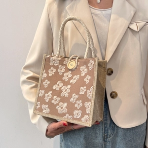 Japanese Style 3D Floral Embroidery Cotton Linen Handbag Portable Lunch Box Bag For Women Aesthetic Small Square Tote Bag