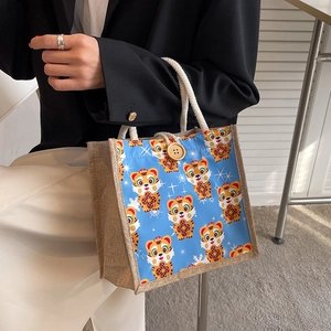 Cute cartoon tiger printed jute tote bag with rope handle and wooden button closure