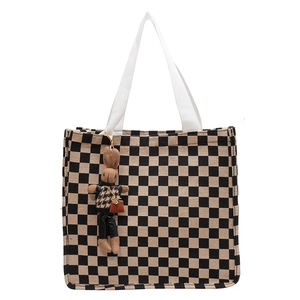 Checkerboard canvas tote bag with shoulder straps and a cute rabbit pendant accessory