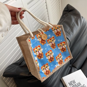 Cute cartoon tiger printed linen tote bag with cream cotton rope handles and wood button