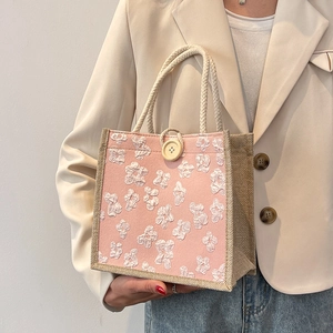 Linen bento tote bag with pink 3D flower embroidery and woven hemp rope handles