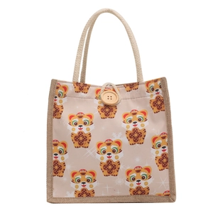 Cute cartoon tiger print linen handbag with woven handles and wooden button closure