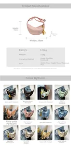 Detailed size chart and multi-color options for the stylish pleated crescent canvas bag