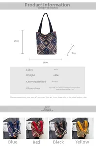 Detailed views of four ethnic canvas bucket bags showing dimensions and color options