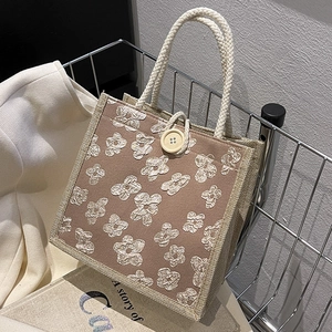 Vintage Floral Jacquard Tote Bag Cotton Linen Handbag With Woven Rope Handle And Wood Button Lunch Bento Bag For Women