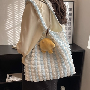 Korean Style Pleated Bubble Texture Canvas Tote Bag Large Capacity Striped Shoulder Underarm Bag For Women Shopping Daily Use