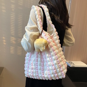 Pink and white puffy cloud tote bag with pleated texture and yellow chick charm