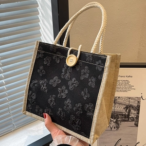 Floral jacquard woven tote bag with natural linen panels and cotton rope handles