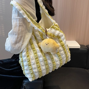 Large striped cloud puff tote bag in yellow and white with cute plush charm