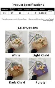 Size specifications for hand-woven basket bag with rainbow handles and floral details
