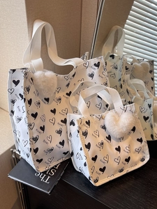 Women Fashion Canvas Tote Bag Heart Letter Print Large Capacity Handbag Urban Simple Shoulder Bag With Heart Plush Pendant