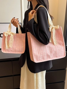 Japanese Ins Style Large Capacity Canvas Tote Bag For Women Sweet Lace Bow Shoulder Bag Plaid Texture Commuter Handbag
