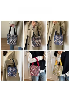 Detailed views of ethnic pattern knit handbags in various colors shown with outfits