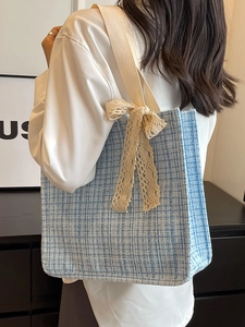 Large capacity light blue tweed tote bag with lace bow and wide canvas shoulder strap