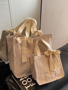 Beige plaid woven canvas tote bag with lace bow detail in large and small sizes