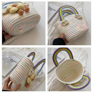 Detailed views of handmade woven tote bag with colorful wave stitching and rainbow handles