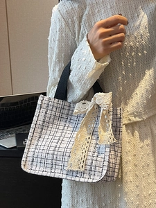 Japanese style black and white tweed canvas bag with a large beige lace bow decoration