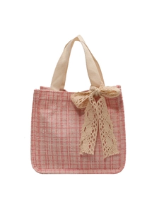 Pink tweed large capacity tote bag with white handles and a lace bow for women