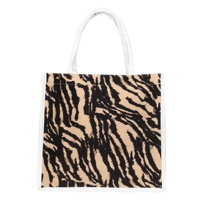 Grande borsa tote in tela con stampa tigre e manici in corda bianca per il pendolarismo