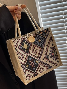 Ethno-Stil Leinen Handtasche Für Damen Boho Gewebt Tote Bag Mit Holzknopf Baumwollseil Griff Kleine Quadratische Tasche