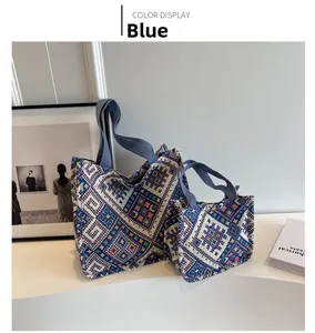 Detailed comparison of large and small blue ethnic jacquard canvas tote bags on a display
