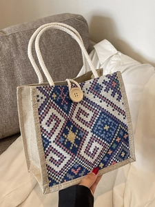 Ethno-Canvas-Tragetasche mit geometrischem Muster und Seilgriffen für Damen im Sommer
