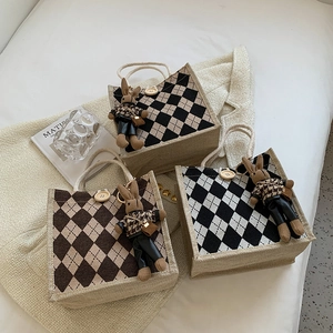 Vintage Argyle Linen Handbag With Woven Rope Handle For Women Retro Plaid Small Tote Bag Office Commute Lunch Bag With Plush Charm