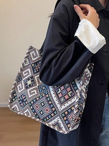 Ethnic Geometric Woven Canvas Tote Bag For Women Retro Large Capacity Jacquard Shoulder Handbag Casual Commuting Mommy Bag