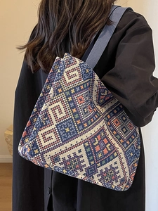 Ethnic style woven canvas tote bag with bohemian geometric patterns and large capacity