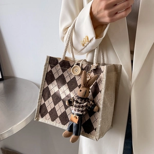 Linen tote bag with brown argyle pattern and braided rope handles for women