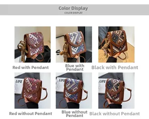 Detailed grid showing ethnic woven crossbody bags in red, blue, and black colors