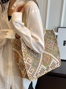 Ethnic geometric pattern canvas tote bag with wide straps for large capacity storage