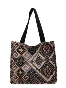 Ethnic style woven canvas tote bag with geometric embroidery and black straps