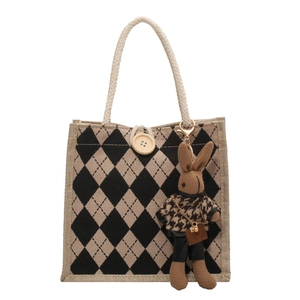 Chic linen tote bag with argyle pattern, large wooden button and a cute rabbit pendant