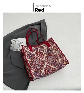 Vue détaillée du grand sac cabas rouge jacquard avec motifs géométriques et anses tissées