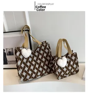 Two-piece set of large capacity checkered tote bags with plush heart charms in coffee brown