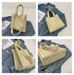 Detailed four-way view of a beige canvas tote bag with adjustable strap and fashion label
