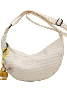 Chic bubble texture crescent crossbody bag in cream white with a cute duck charm