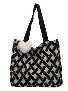 Large capacity black and white woven canvas tote bag with a white plush heart charm