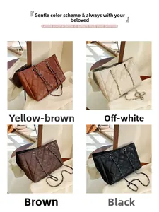 Detailed grid view of quilted tote bags in four colors with silver chain straps