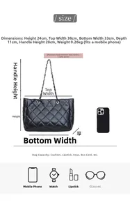 Detailed size chart for the large black quilted tote bag with chain strap dimensions