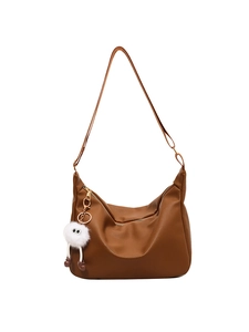 Brown litchi grain hobo bag with wide shoulder strap and cute plush charm pendant